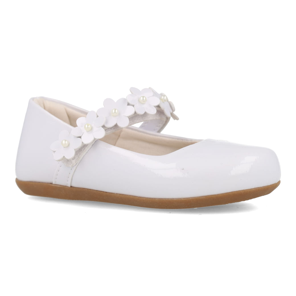 Sapatilha infantil branca com tira floral e interior acolchoado bege vista em ângulo 3/4.